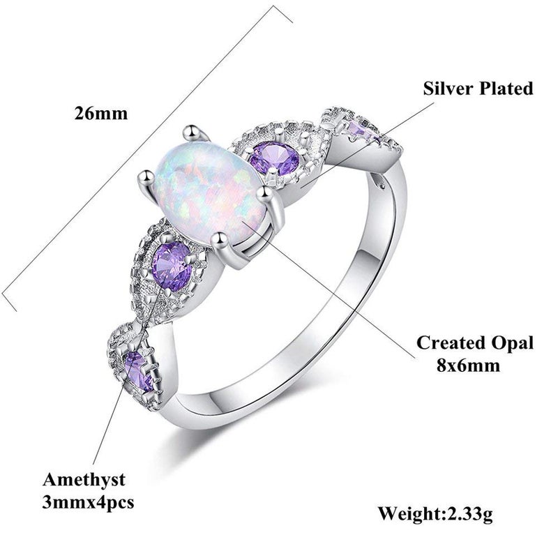 CiNily White Fire Opal Amethyst Ring Women Jewelry Gemstone Silver Plated Ring Size 7 - Image 2